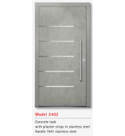 UNILUX Model 2402 Concrete Look Timber Door, Stainless Steel Pilaster, Modern Design, Triple Glazing, Security Lock
